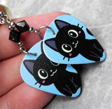 Black Cat Guitar Pick Earrings with Black Swarovski Crystals