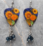 Van Gogh Sunflowers Guitar Pick Earrings with Blue Swarovski Crystal Dangles