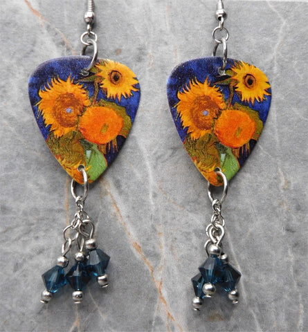 Van Gogh Sunflowers Guitar Pick Earrings with Blue Swarovski Crystal Dangles