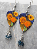 Van Gogh Sunflowers Guitar Pick Earrings with Blue Swarovski Crystal Dangles
