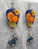 Van Gogh Sunflowers Guitar Pick Earrings with Blue Swarovski Crystal Dangles