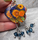 Van Gogh Sunflowers Guitar Pick Earrings with Blue Swarovski Crystal Dangles