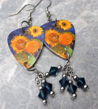 Van Gogh Sunflowers Guitar Pick Earrings with Blue Swarovski Crystal Dangles