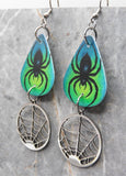 Spider Guitar Pick Earrings with Stainless Steel Spider Web Charm Dangles