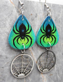 Spider Guitar Pick Earrings with Stainless Steel Spider Web Charm Dangles
