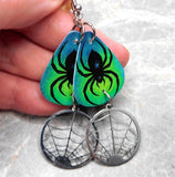 Spider Guitar Pick Earrings with Stainless Steel Spider Web Charm Dangles