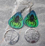 Spider Guitar Pick Earrings with Stainless Steel Spider Web Charm Dangles