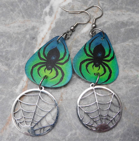 Spider Guitar Pick Earrings with Stainless Steel Spider Web Charm Dangles