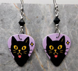 Black Cat Sticking Out It's Tongue Guitar Pick Earrings with Black Swarovski Crystals