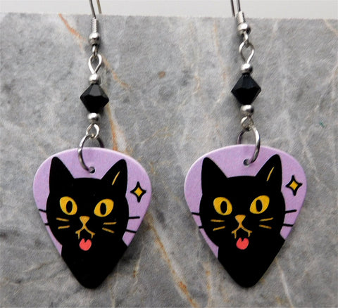 Black Cat Sticking Out It's Tongue Guitar Pick Earrings with Black Swarovski Crystals