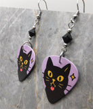 Black Cat Sticking Out It's Tongue Guitar Pick Earrings with Black Swarovski Crystals
