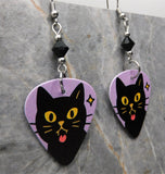 Black Cat Sticking Out It's Tongue Guitar Pick Earrings with Black Swarovski Crystals