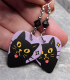 Black Cat Sticking Out It's Tongue Guitar Pick Earrings with Black Swarovski Crystals