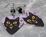 Black Cat Sticking Out It's Tongue Guitar Pick Earrings with Black Swarovski Crystals