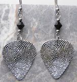 Fingerprint Loops and Swirls Guitar Pick Earrings with Black Swarovski Crystals