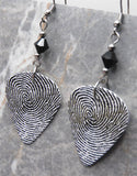 Fingerprint Loops and Swirls Guitar Pick Earrings with Black Swarovski Crystals