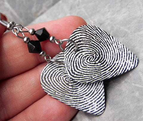 Fingerprint Loops and Swirls Guitar Pick Earrings with Black Swarovski Crystals