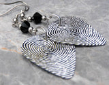 Fingerprint Loops and Swirls Guitar Pick Earrings with Black Swarovski Crystals
