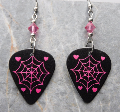 Spiderweb and Hearts Guitar Pick Earrings with Pink Swarovski Crystals