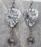 Spiderweb  on White MOP Guitar Pick Earrings with Stainless Steel Spider Charm Dangles