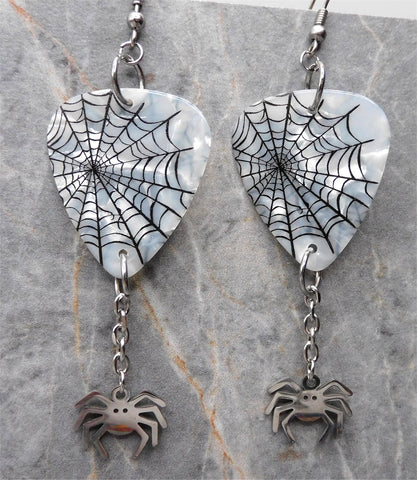 Spiderweb  on White MOP Guitar Pick Earrings with Stainless Steel Spider Charm Dangles