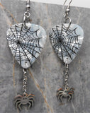 Spiderweb  on White MOP Guitar Pick Earrings with Stainless Steel Spider Charm Dangles