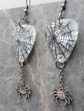 Spiderweb  on White MOP Guitar Pick Earrings with Stainless Steel Spider Charm Dangles