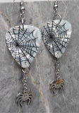 Spiderweb  on White MOP Guitar Pick Earrings with Stainless Steel Spider Charm Dangles
