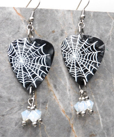 Spiderweb on Dark Gray MOP Guitar Pick Earrings with Opal Swarovski Crystal Dangles