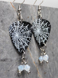 Spiderweb on Dark Gray MOP Guitar Pick Earrings with Opal Swarovski Crystal Dangles