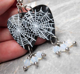 Spiderweb on Dark Gray MOP Guitar Pick Earrings with Opal Swarovski Crystal Dangles
