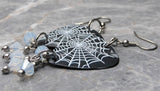 Spiderweb on Dark Gray MOP Guitar Pick Earrings with Opal Swarovski Crystal Dangles
