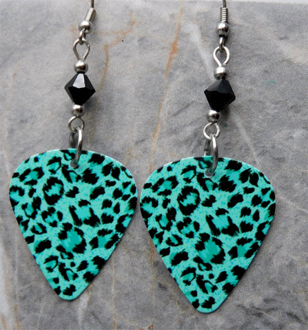 Teal and Black Leopard Print Guitar Pick Earrings with Black Swarovski Crystals