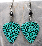Teal and Black Leopard Print Guitar Pick Earrings with Black Swarovski Crystals