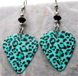 Teal and Black Leopard Print Guitar Pick Earrings with Black Swarovski Crystals