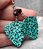 Teal and Black Leopard Print Guitar Pick Earrings with Black Swarovski Crystals