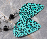 Teal and Black Leopard Print Guitar Pick Earrings with Black Swarovski Crystals