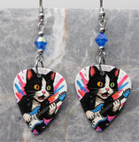 Tuxedo Cat Playing Guitar Colorful Guitar Pick Earrings with Capri Blue AB Swarovski Crystals