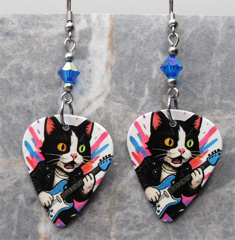 Tuxedo Cat Playing Guitar Colorful Guitar Pick Earrings with Capri Blue AB Swarovski Crystals
