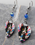 Tuxedo Cat Playing Guitar Colorful Guitar Pick Earrings with Capri Blue AB Swarovski Crystals