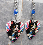Tuxedo Cat Playing Guitar Colorful Guitar Pick Earrings with Capri Blue AB Swarovski Crystals