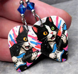 Tuxedo Cat Playing Guitar Colorful Guitar Pick Earrings with Capri Blue AB Swarovski Crystals