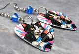 Tuxedo Cat Playing Guitar Colorful Guitar Pick Earrings with Capri Blue AB Swarovski Crystals