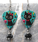 Black Cat with a Red Bow Guitar Pick Earrings with Black Swarovski Crystal Dangles