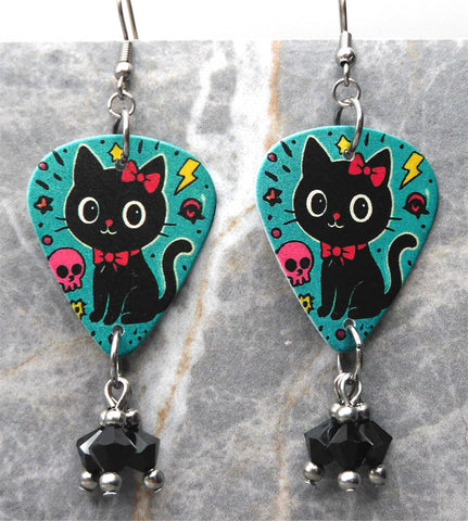 Black Cat with a Red Bow Guitar Pick Earrings with Black Swarovski Crystal Dangles