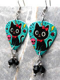 Black Cat with a Red Bow Guitar Pick Earrings with Black Swarovski Crystal Dangles