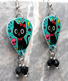 Black Cat with a Red Bow Guitar Pick Earrings with Black Swarovski Crystal Dangles