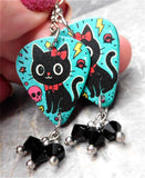 Black Cat with a Red Bow Guitar Pick Earrings with Black Swarovski Crystal Dangles