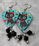 Black Cat with a Red Bow Guitar Pick Earrings with Black Swarovski Crystal Dangles