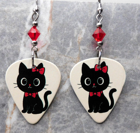 Black Cat with a Red Bow Guitar Pick Earrings with Red Swarovski Crystals